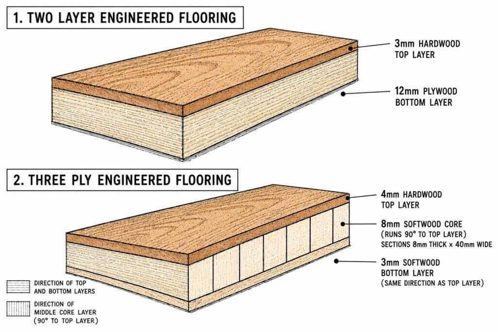 Cross section breakdown of engineered flooring using plywood